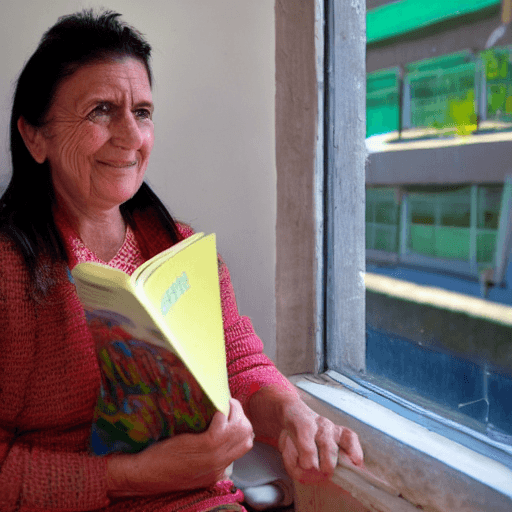 AI generated: portrait. mujer hermosa, sonrie cabellera color castaño, con algunas canas,  leyendo un libro. Está ...