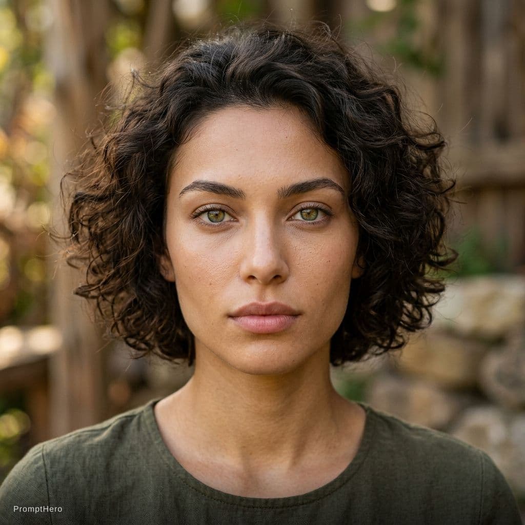 AI generated: Ultra-realistic portrait of a 22 years old woman with striking hazel-green eyes, intense and symmetr...