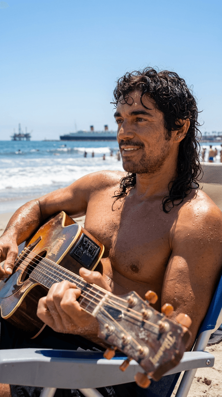 AI generated: Close up of a Rock guitar player at leisure at the beach on a hot, summer day in Long Beach, wide le...