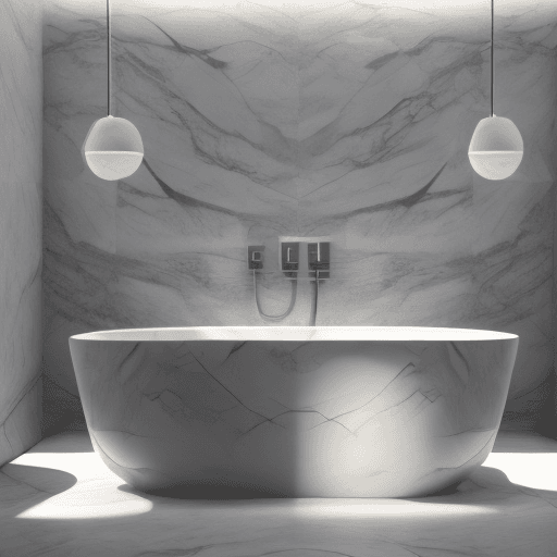 AI generated: Cinematic view of a modern chic bathroom, marble tiling and a freestanding tub, sleek fixtures, 8K -...