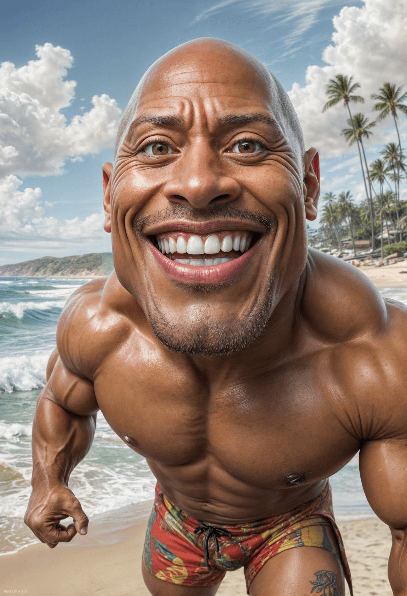 AI generated:  a humorous, exaggerated caricature of Dwayne Johnson. His face has oversized, intense eyes with one...