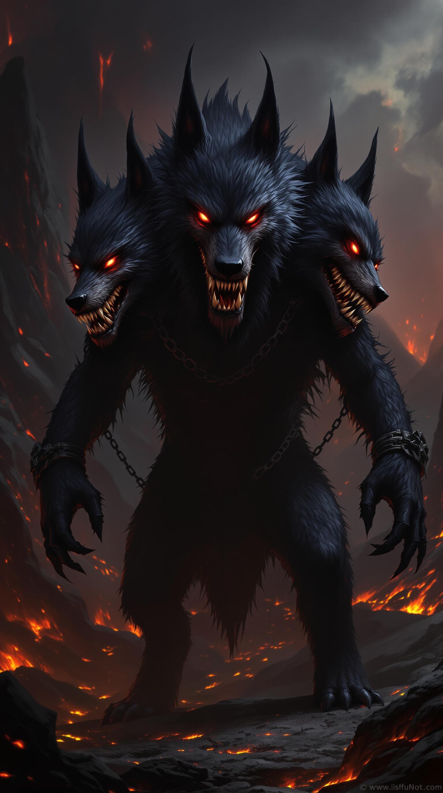 AI generated: The image depicts a menacing three-headed creature resembling a large, dark wolf or dog. Each head h...