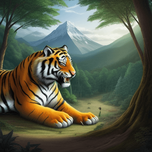 AI generated: a big tiger if fighting with a dragon in the forest background is a mountain and many trees