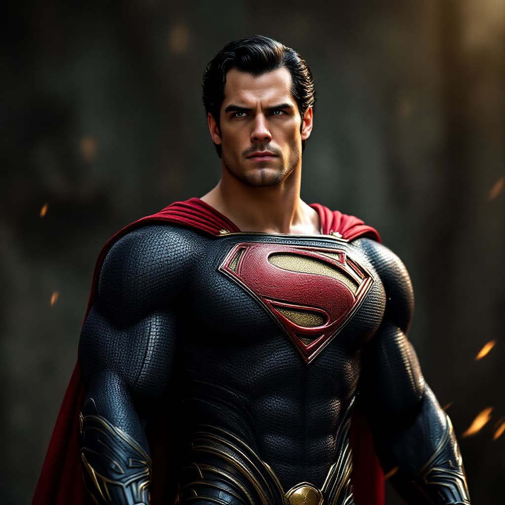 AI generated: Henry Cavil as a muscular superman , in a black, dark red and gold kryptonian skin suit without a ch...
