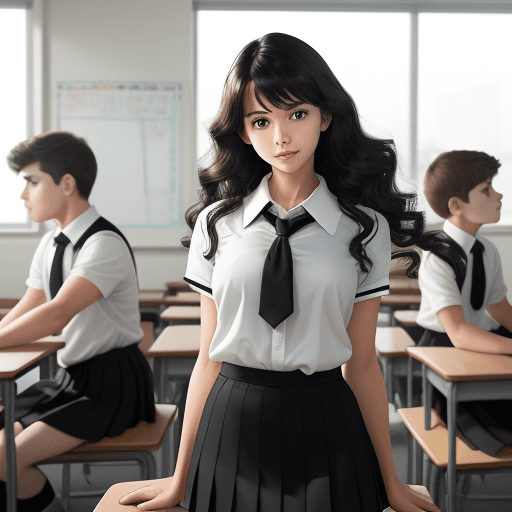 AI generated: A panoramic view of a classroom, gorgeous teacher with class of young boys, white blouse, short blac...