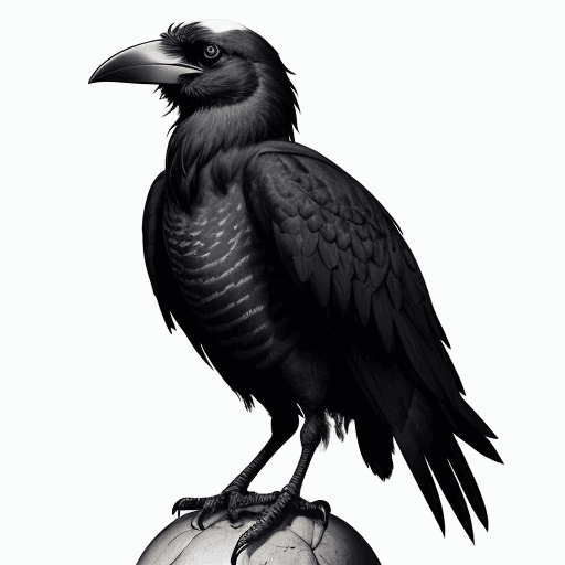 AI generated: black and white realistic crow standing on a skull, digital painting style ink brushstroke and ink l...