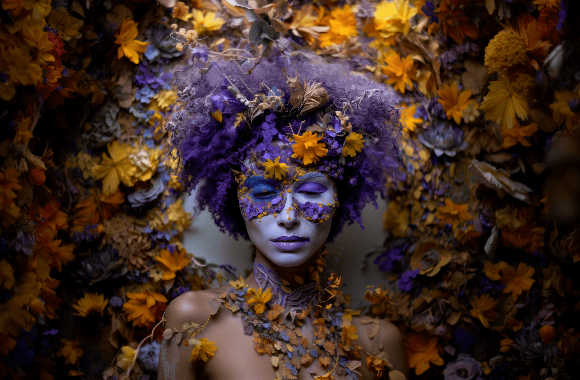 AI generated: flowers on the face of a woman with a flower covered face, in the style of organic nature-inspired f...