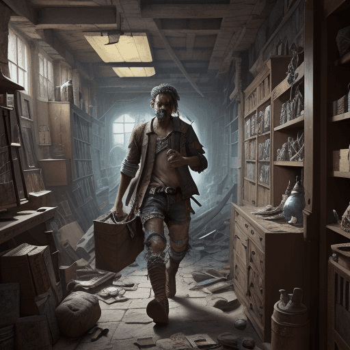 AI generated: A high resolution image of a rebel in tattered clothes looting a fantasy shop 4k 6fps