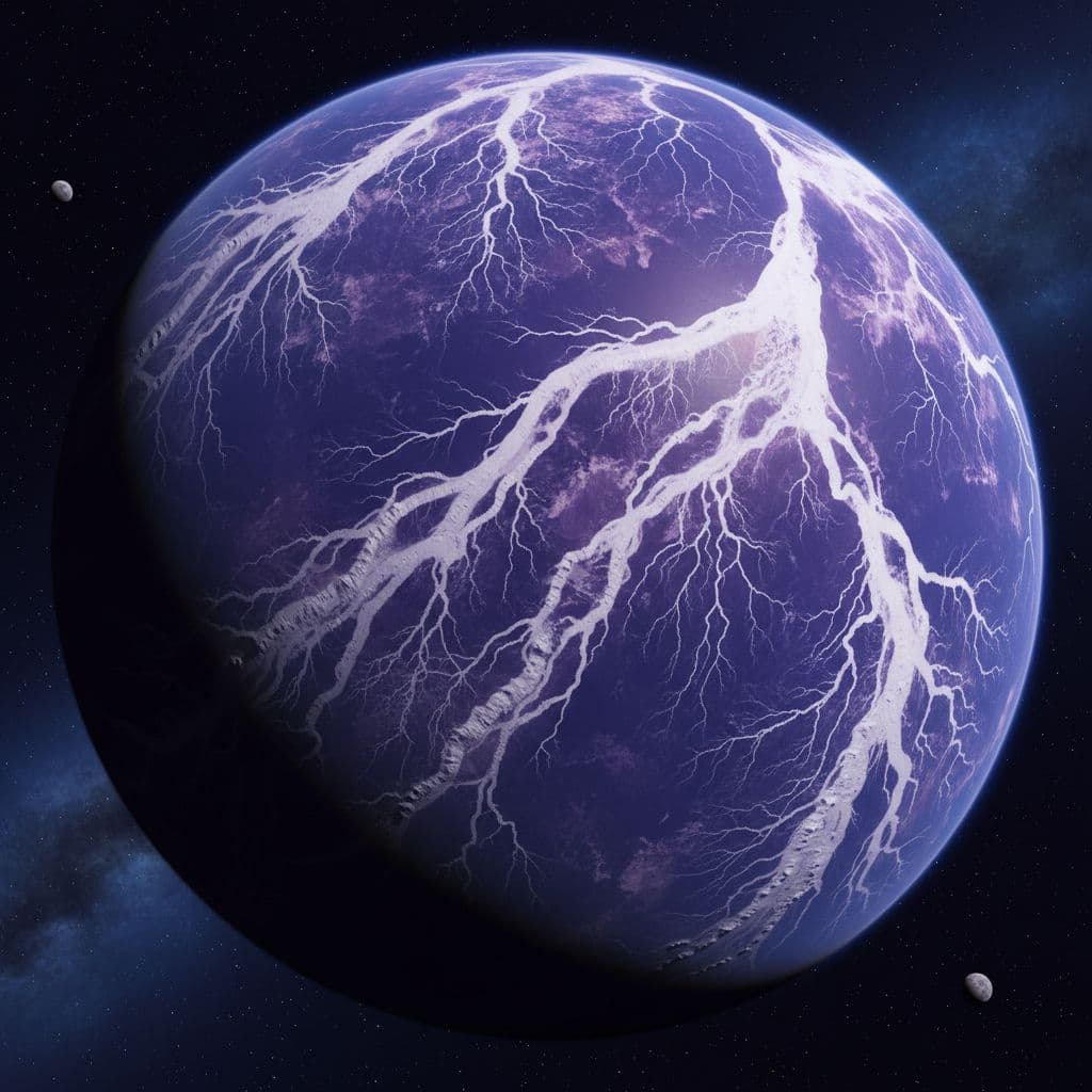 AI generated: a Purple Planet with lots of canyons and streaks of white sand