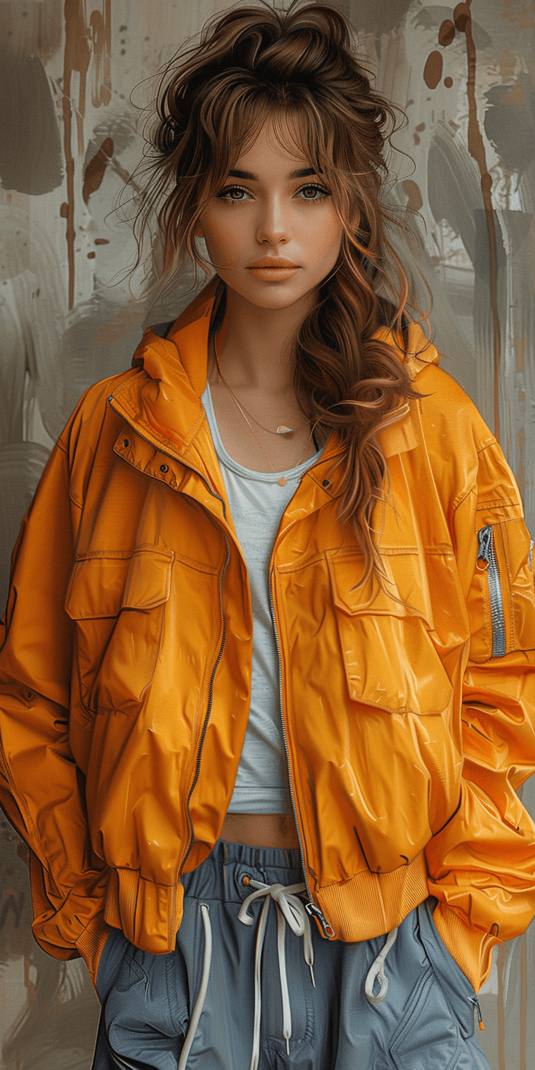 AI generated: A digital illustration of a woman with brown hair and wavy bangs wearing an oversized blue bomber ja...