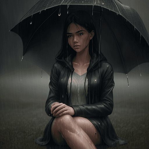 AI generated: a young  woman under (rain:1. 5)  on knee in the (wet high grass:1. 5), (wet face:1. 5), rainy drops...