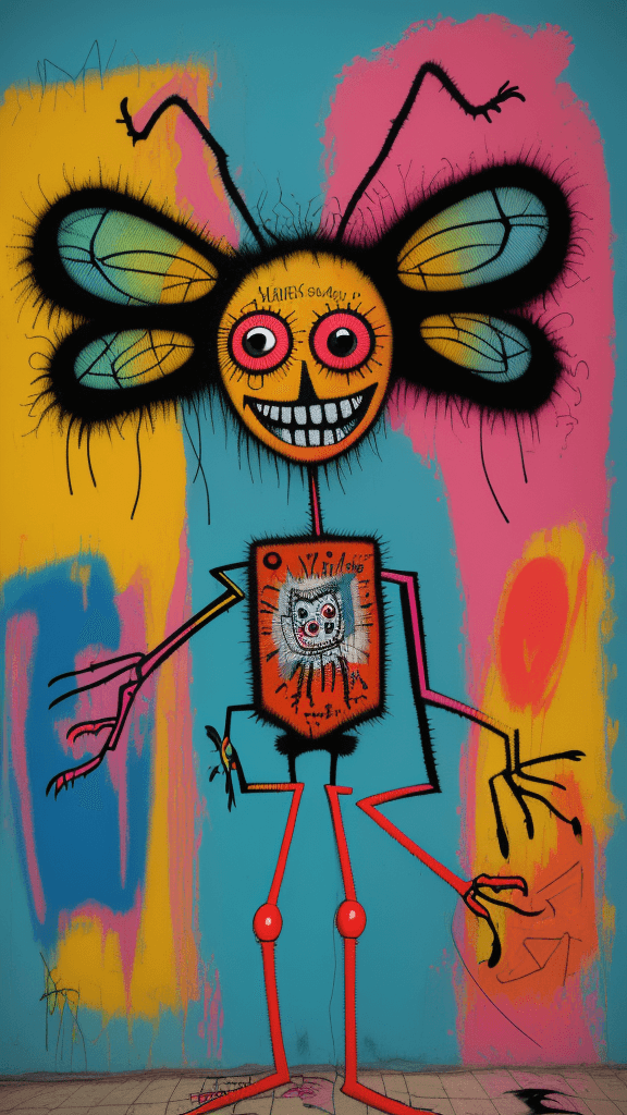 AI generated: graffitied on the wall invision my imaginary friend a Absurd Embroidery bird head spider legs red or...