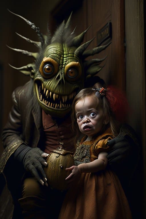 AI generated: monster protectively holding a little girl clutching a tattered doll, horror movie, sinister, antiqu...