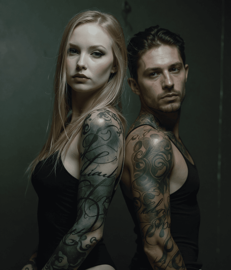 AI generated: Close-up portrait of a young adult Caucasian woman and a man, both with elaborate tattoos.  Woman, m...