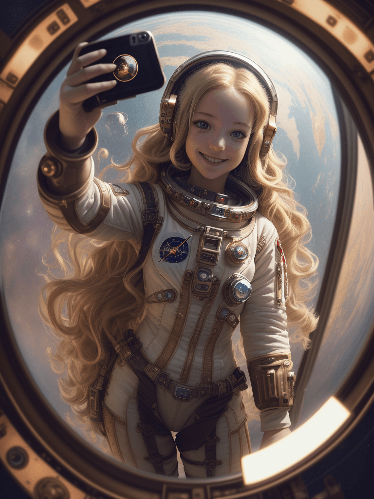 AI generated: (masterpiece), selfie, centered, Instagram able, steampunk astronaut 1girl, cute smile, red ribbon, ...