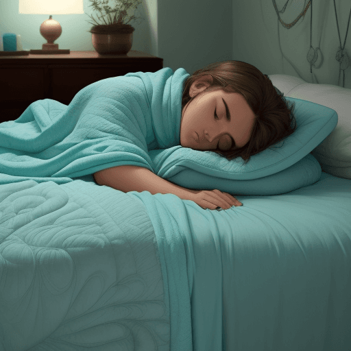 AI generated: A serene bedroom with soft, ambient lighting, featuring a woman sleeping soundly under a comfortable...