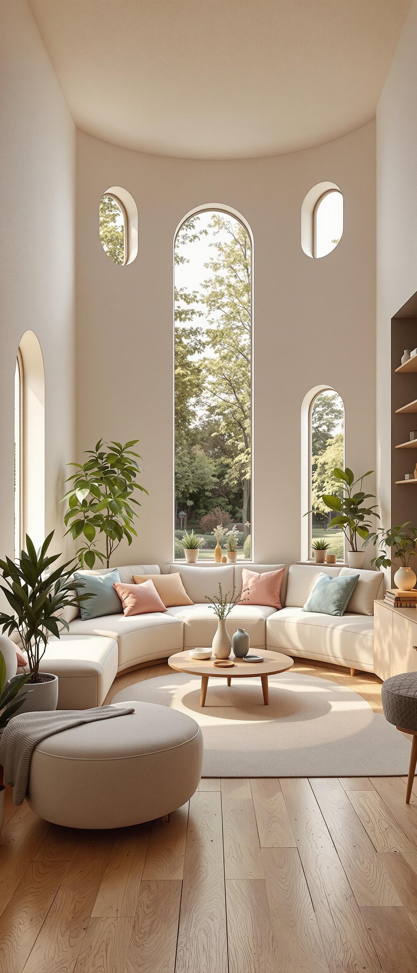 AI generated: High resolution photography interior design, dreamy sunken living room conversation pit, wooden floo...