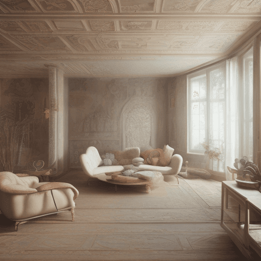AI generated: High resolution photography interior design, dreamy sunken living room conversation pit, wooden floo...