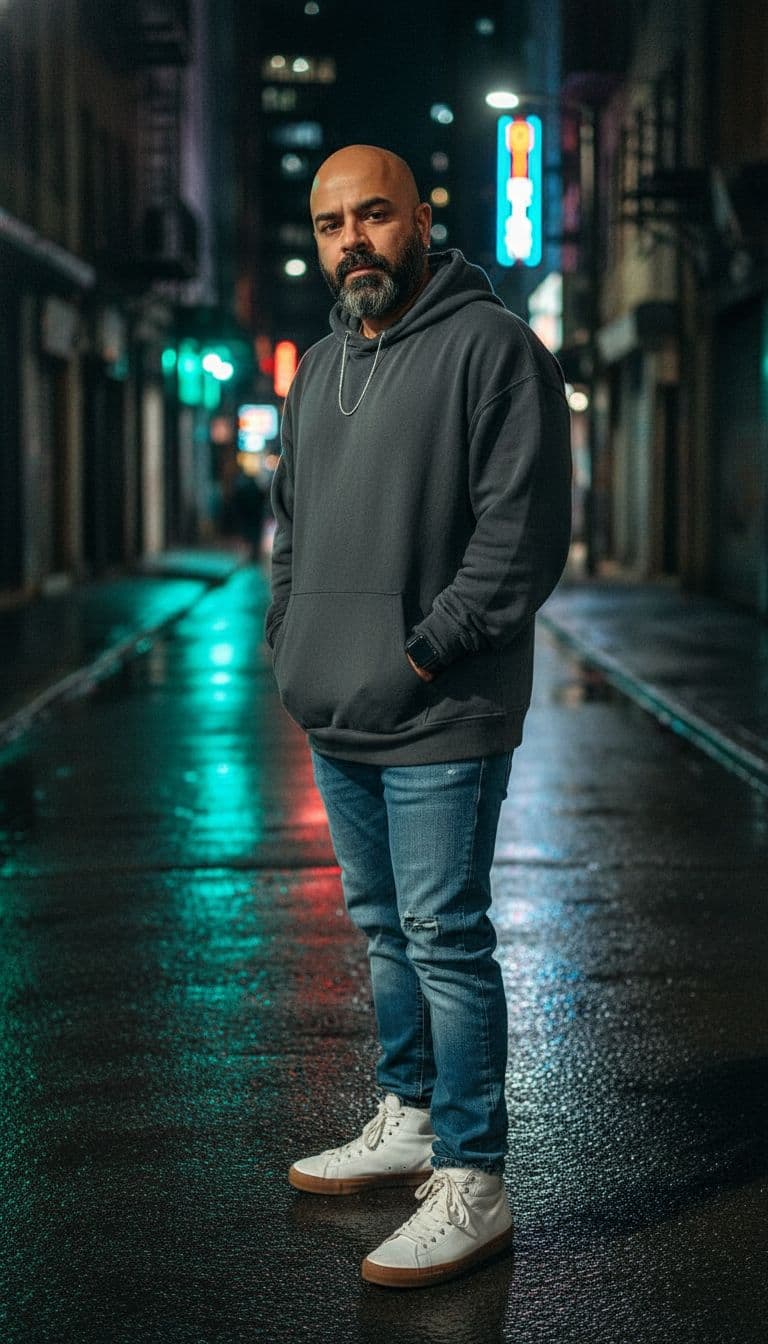 AI generated: Subject: A late-20s man. Clothing: Oversized charcoal grey cotton hoodie, slightly distressed indigo...