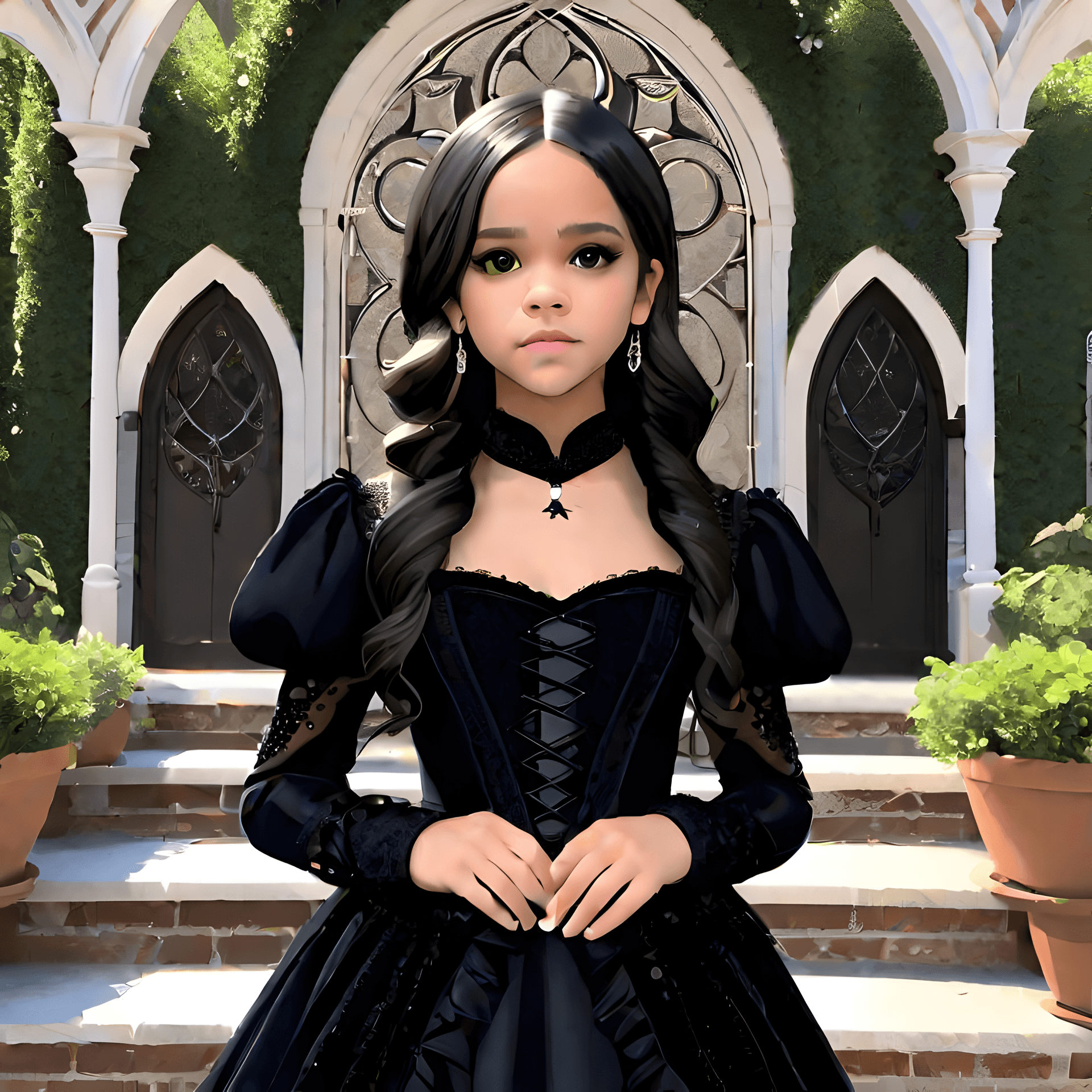 AI generated: Jenna Ortega exudes elegance in a sumptuous gothic black ensemble on the set of the Wednesday show s...