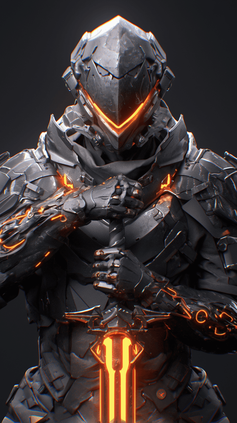 AI generated: A close up futuristic knight with glowing armor and fierce determination, wielding a plasma sword. T...