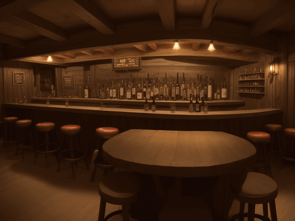 AI generated: a western bar, with an impressive bar, empty, in the middle a table for 4 people