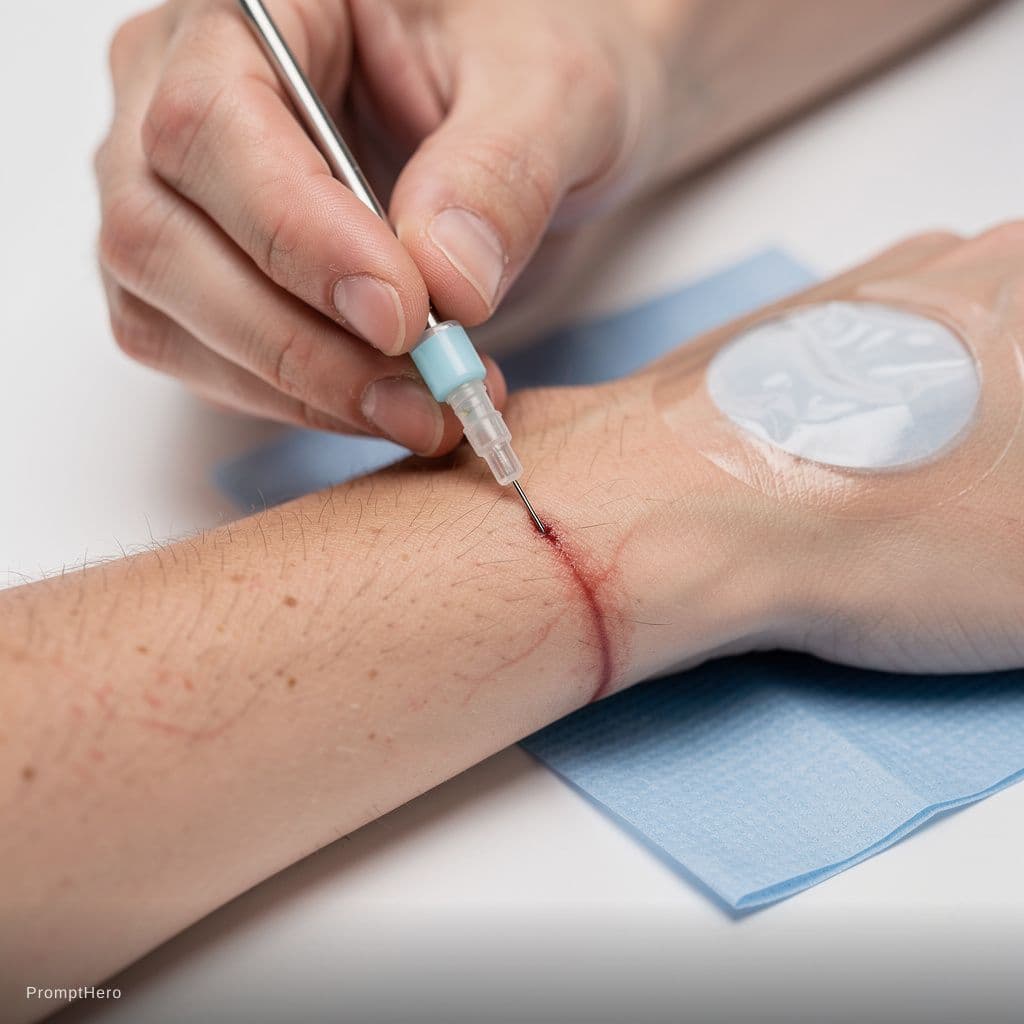 AI generated: Ultra-photorealistic macro medical photograph of a radial artery puncture being performed.

A clinic...