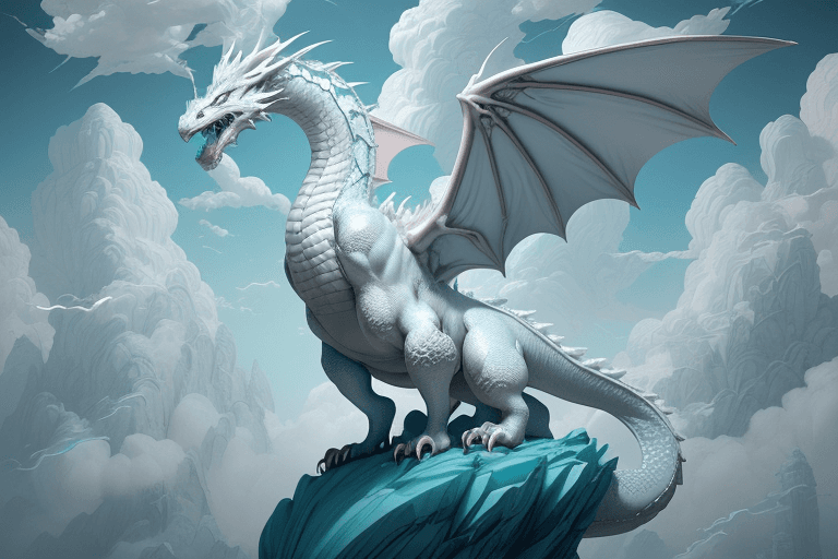 AI generated: white clouded dragon wallpaper the fantasy, in the style of fang lijun, gray and cyan, filip hodas, ...