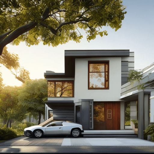 AI generated: small modern villa, brown architecture, front, Bauhaus architectural style, sunrise, tree, medium mo...