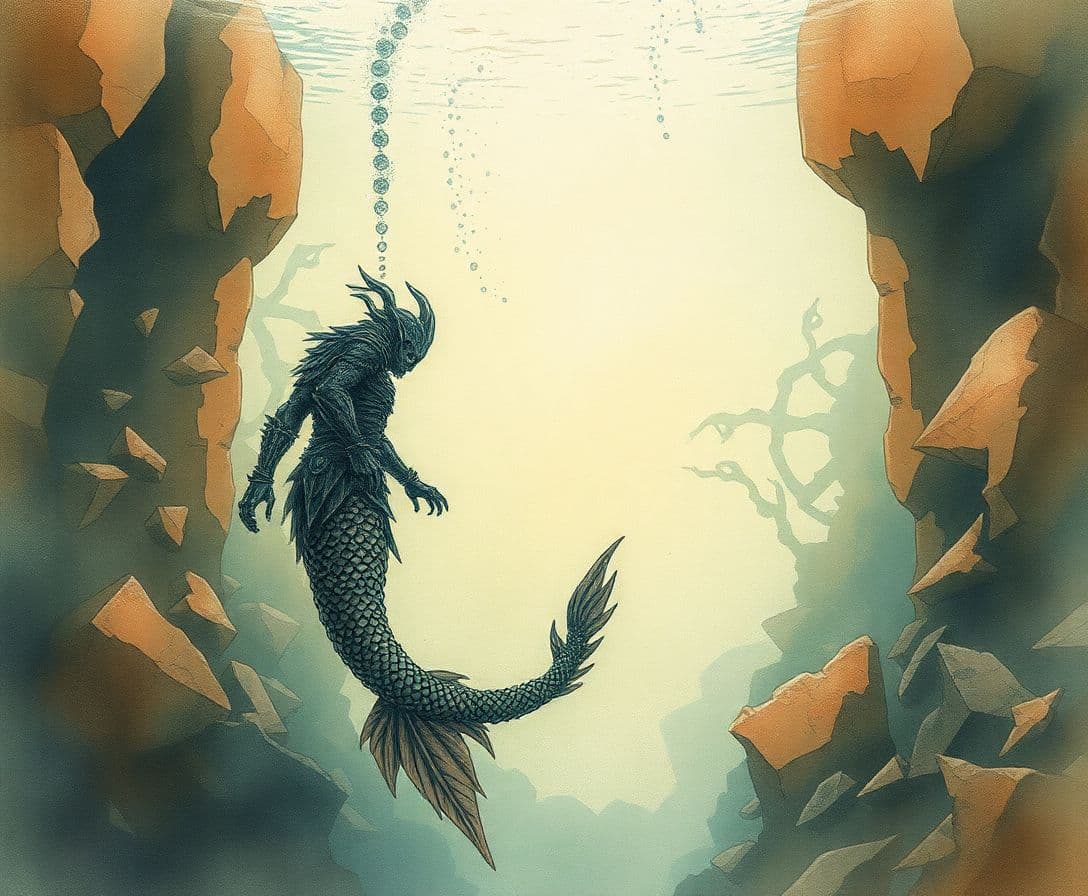 AI generated: Image is a cinematic, moody watercolor ink wash illustration featuring, underwater, verdigris, The o...
