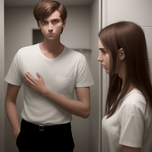 AI generated: In the bathroom of a party hall, a young man of about 30 years old with brown hair, dressed in a whi...