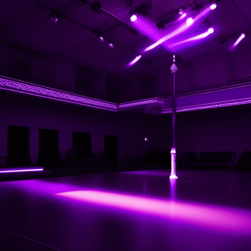 AI generated: this is a dance hall with purple lighting, in this hall there is a metal pole on which acrobatic tri...