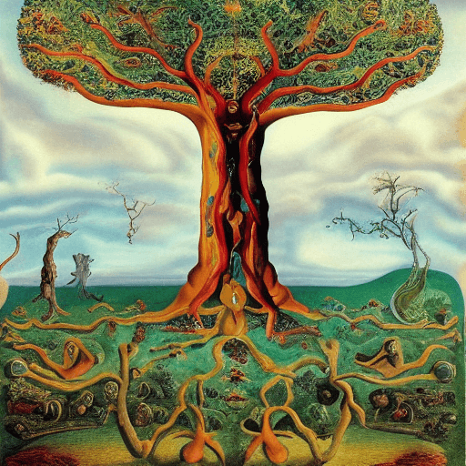 AI generated: The tree of knowledge, connecting to heaven and the underworld, and the tree of life, connecting all...