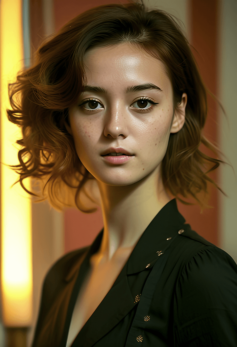 AI generated: An image of a young woman with shoulder-length, wavy brown hair with highlights. Her fair complexion...