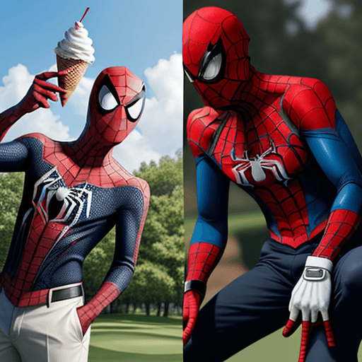 AI generated: Spider man is playing golf with Elon Mask, both are eating ice cream