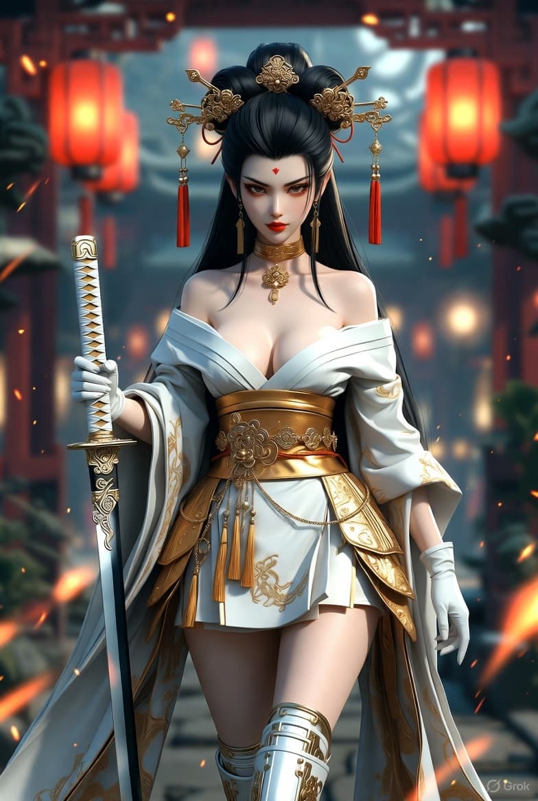 AI generated: A highly detailed digital illustration of a fierce female Chinese warrior in a cyberpunk-fantasy fus...