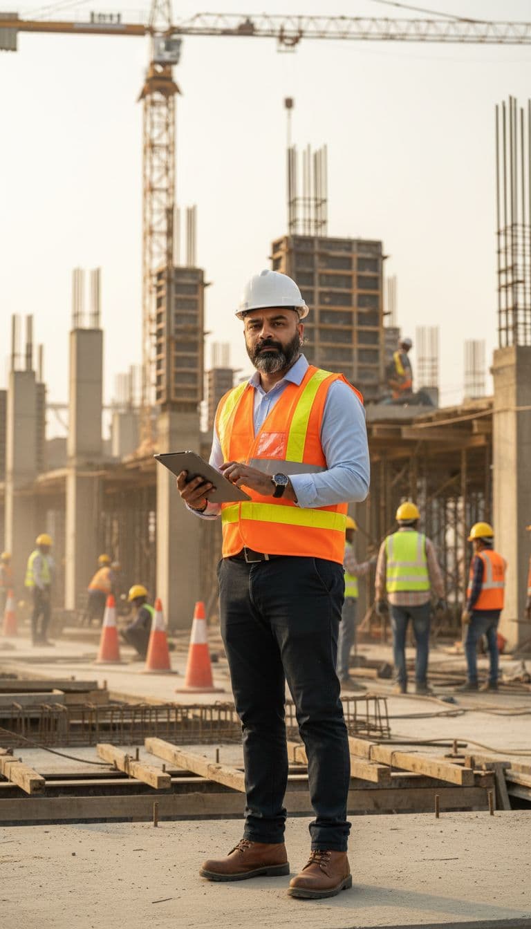 AI generated: A professional site engineer is standing at an active construction site during a routine site visit....