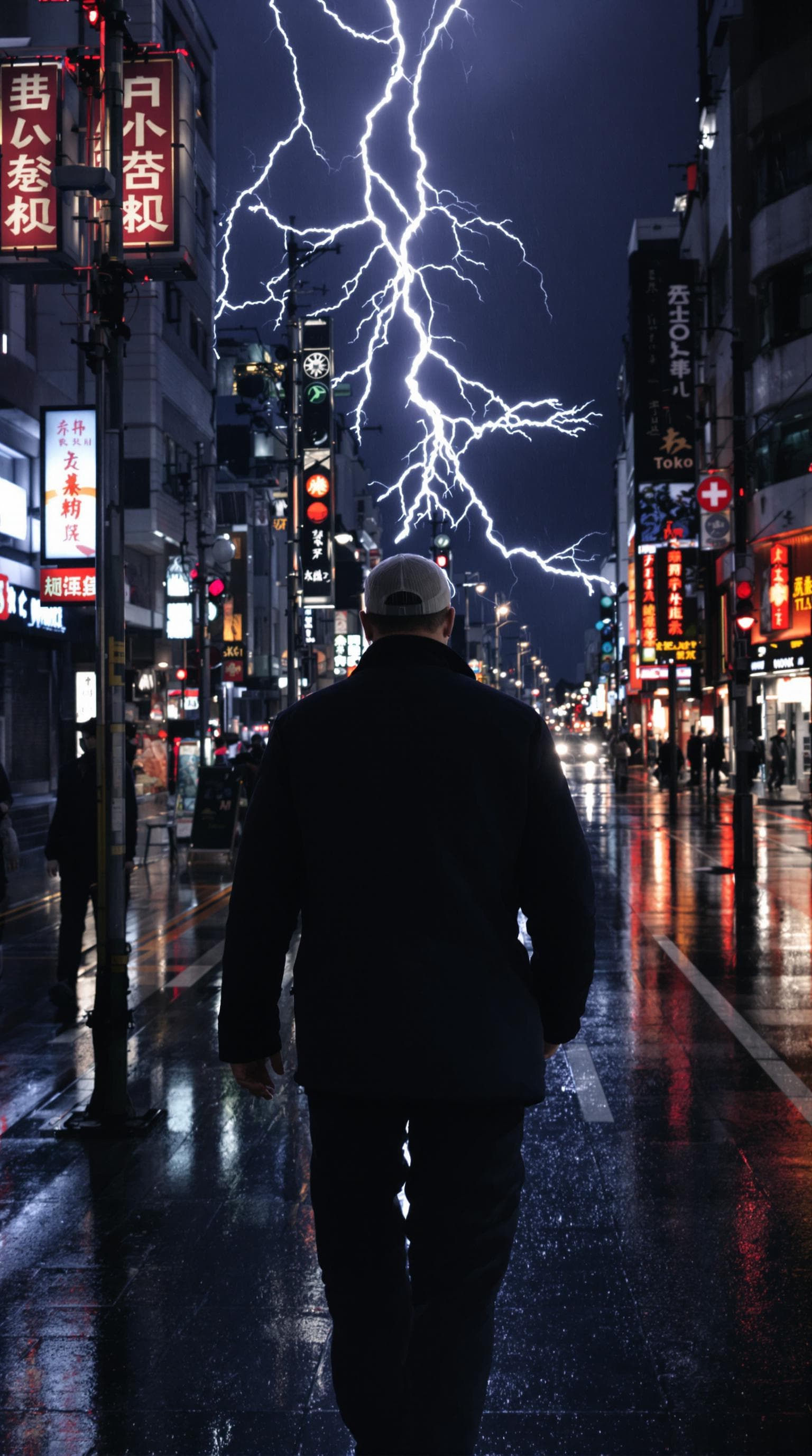 AI generated: A man walks on a street in Tokyo at night in the rain where lightning is striking. Back shot. wet gr...