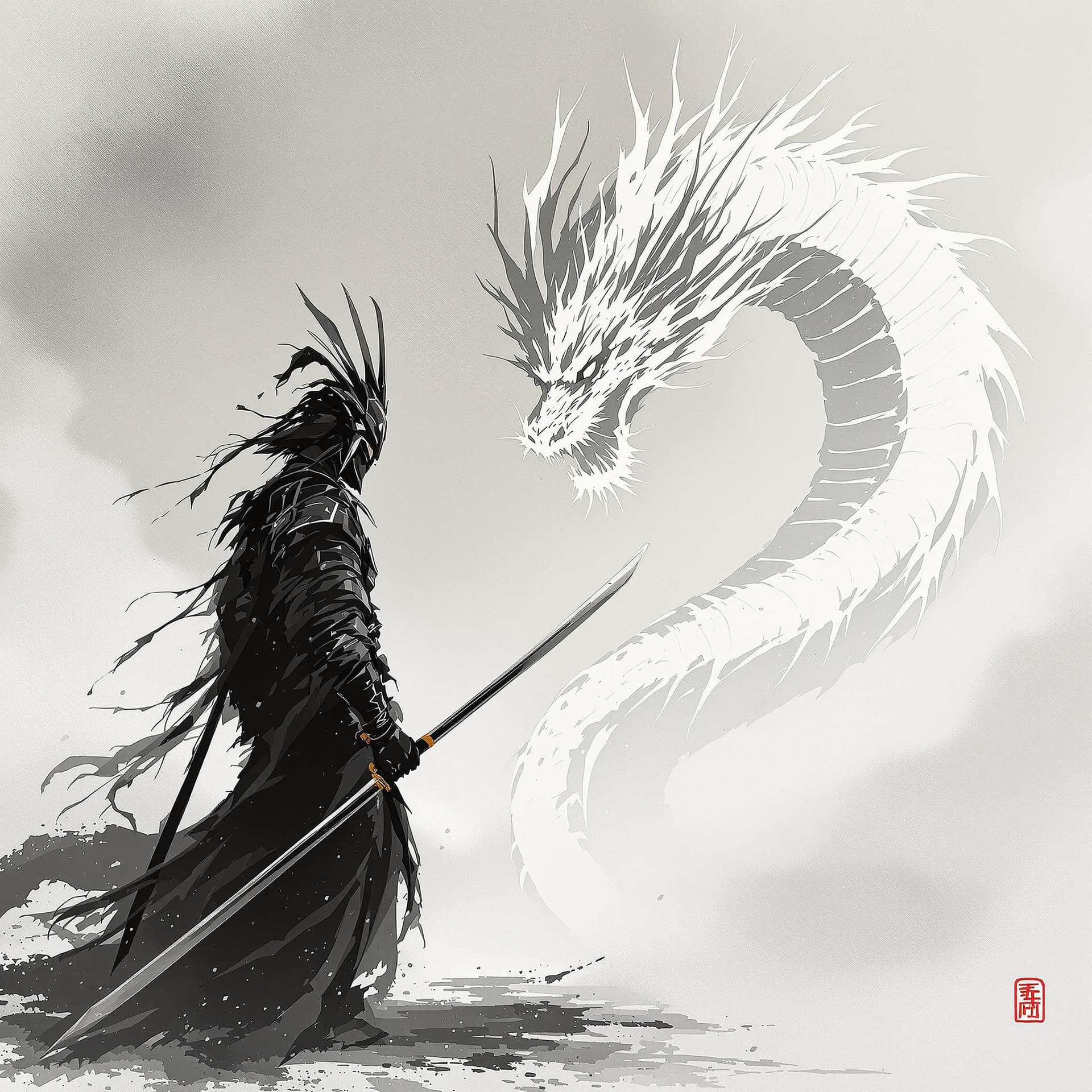 AI generated: japanese samurai in front of a dragon, in the style of minimalist ink wash, 2d game art, witchcore, ...