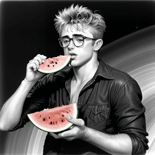 AI generated: Actor James Dean eating watermelon on the ring of Saturn 