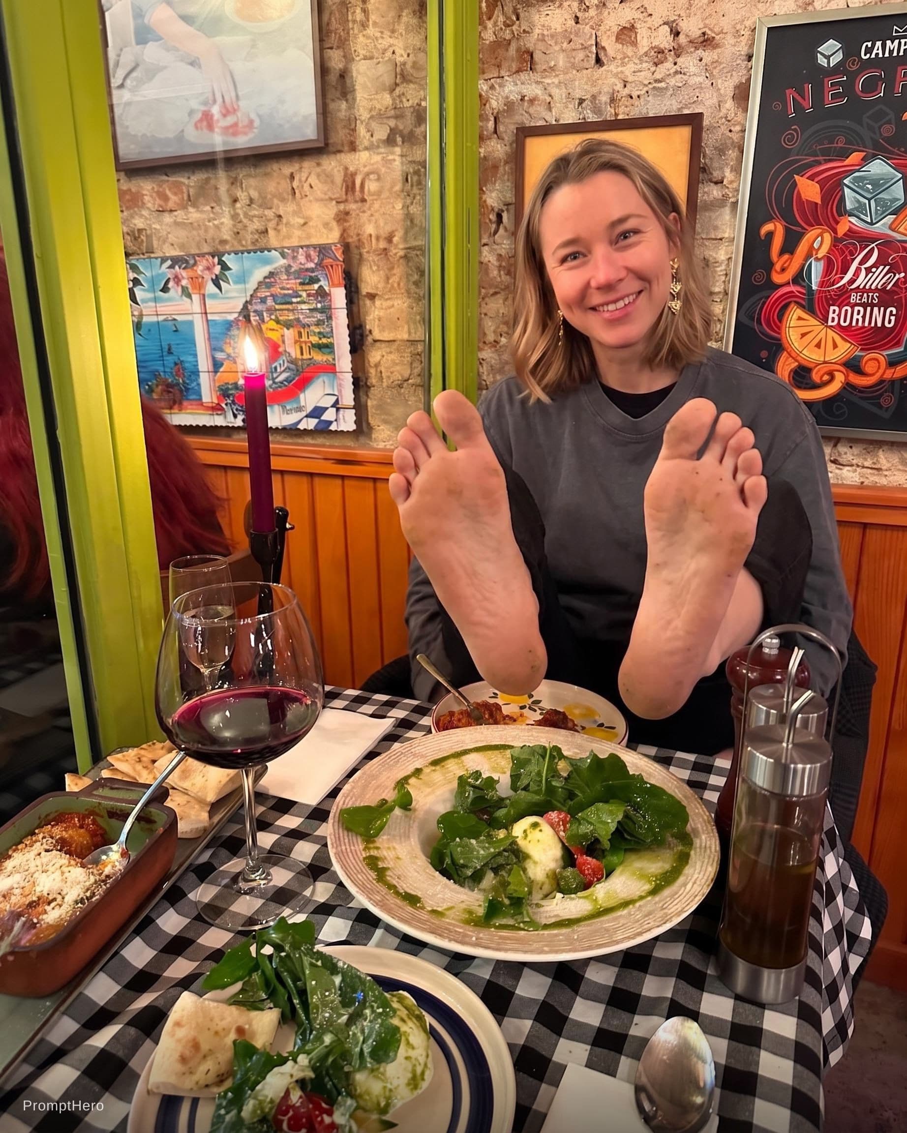 AI generated: Make her showing her soles feet