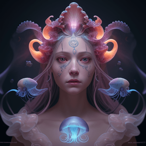 AI generated: Goddess close-up portrait ribcagel. jellyfish phoenix head, nautilus, orchid, skull, betta fish, bio...