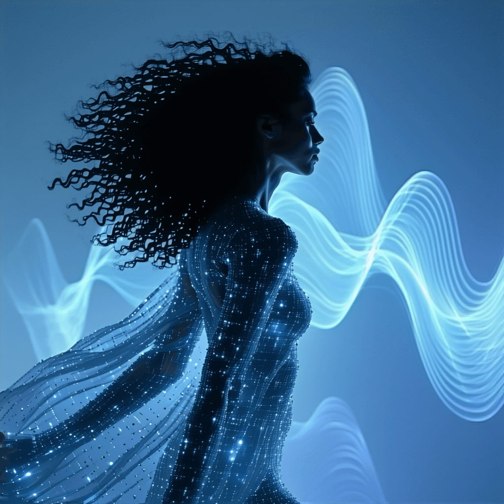 AI generated: A resilient echo speaker, her form composed of layered reflections, and her clothing crafted from a ...