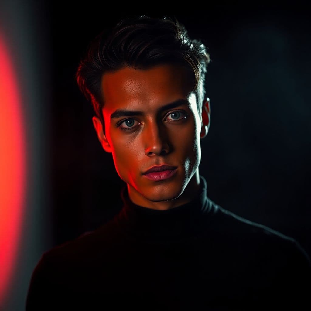 AI generated: shadowed model against a background that shifts from deep black to vibrant red, key lighting, soft d...