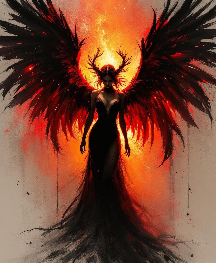AI generated: A striking woman with large black wings, standing or floating gracefully. Sketch style, dramatic lin...