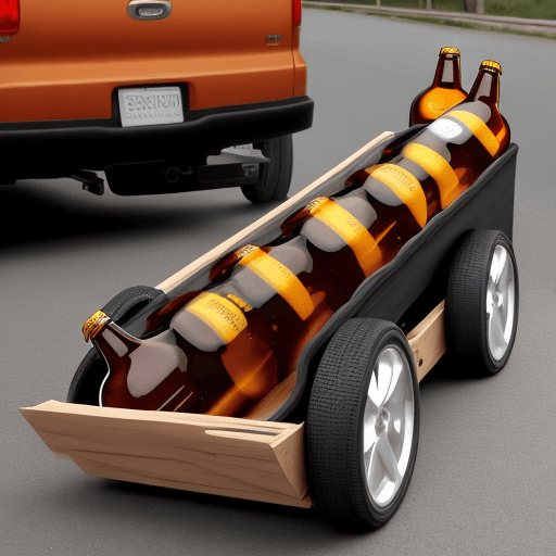 AI generated: horizontal beer bottle on its side with wheels so it can be driven