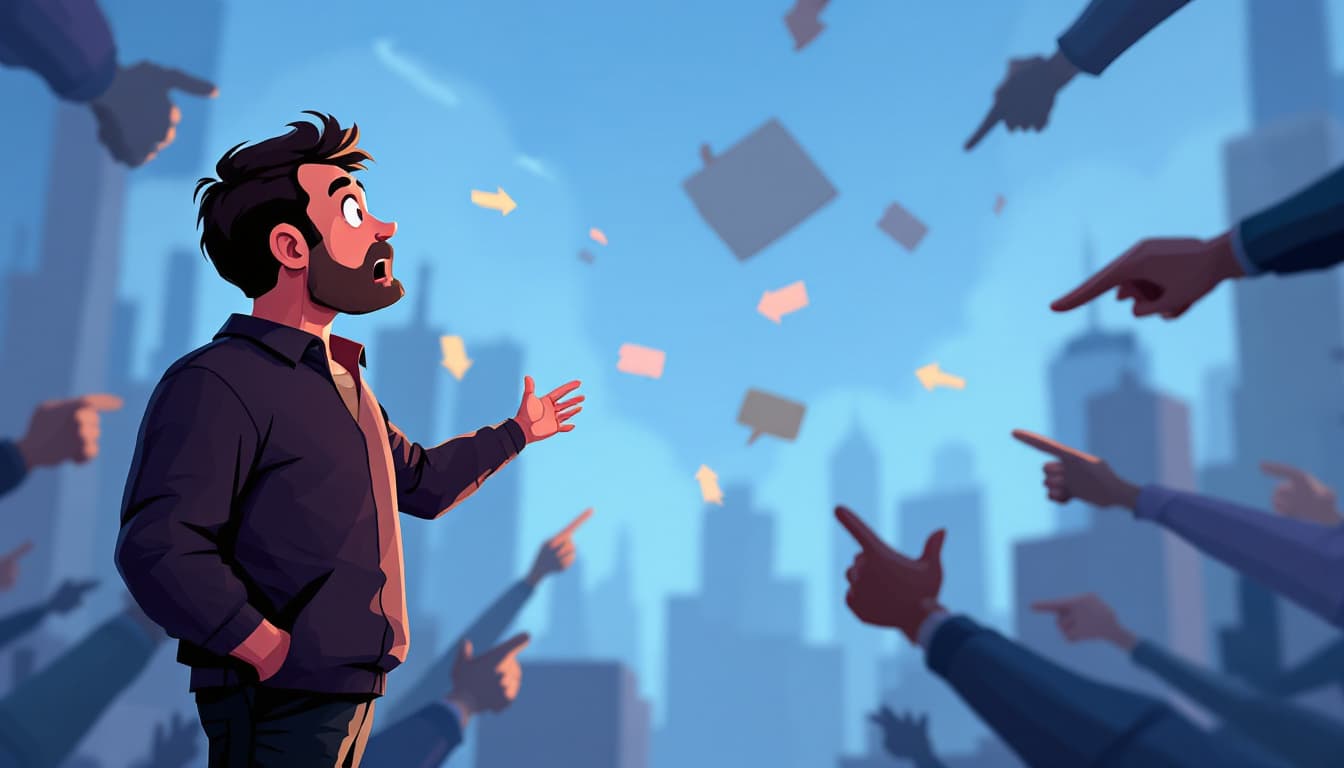 AI generated: the man stands surprised, there are signs sticking out of him, and arrows are pointing at him from a...