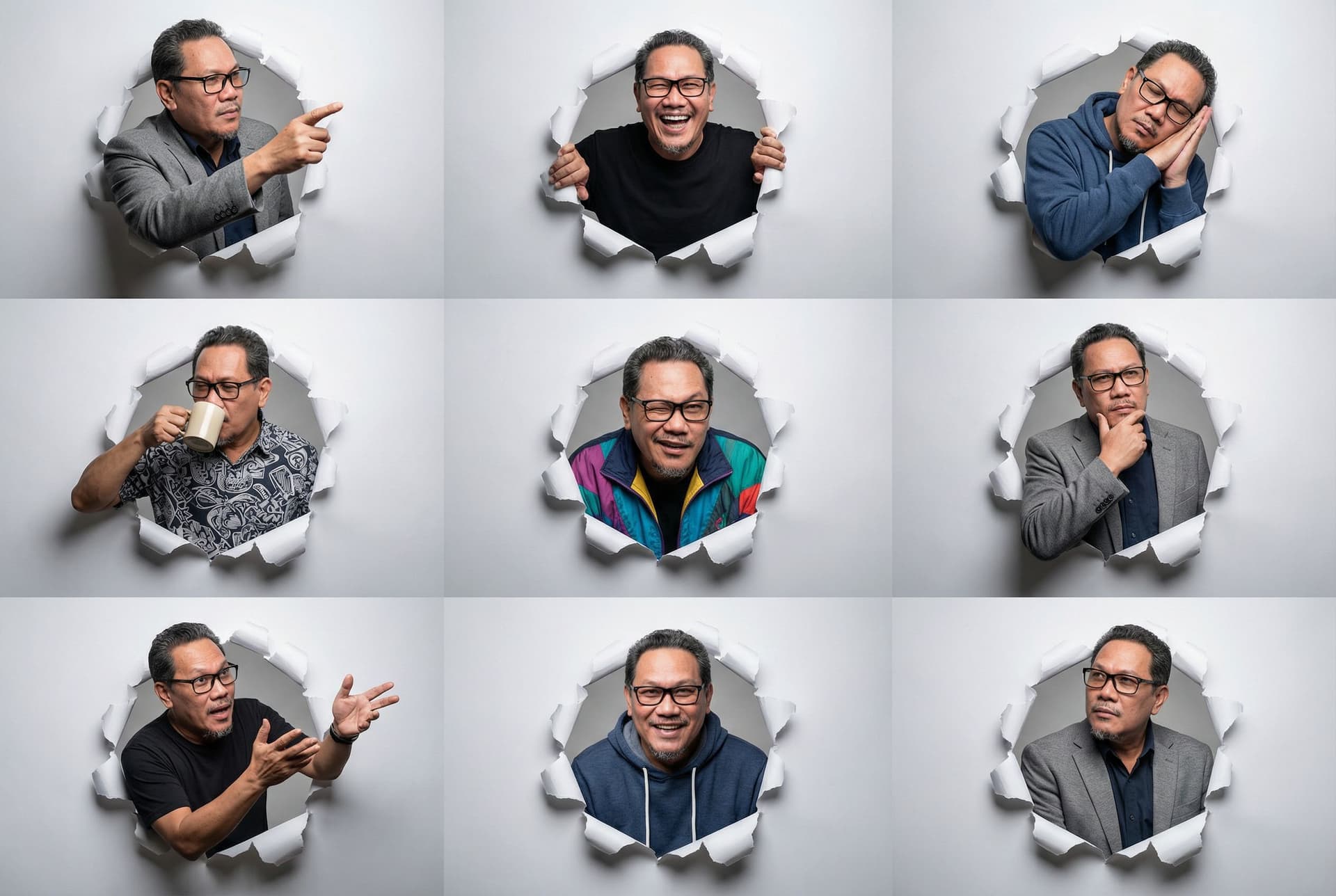 AI generated: Generate hyper realistic 9:16 studio-style collage featuring an adult man (facial match to the uploa...