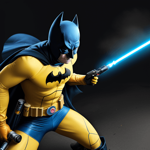 AI generated: YELLOW AND BLUE BATMAN WITH  RADIO ANTENNAS ON THE SIDE OF HIS MASK is in a lightsaber FIGHT WTH A R...
