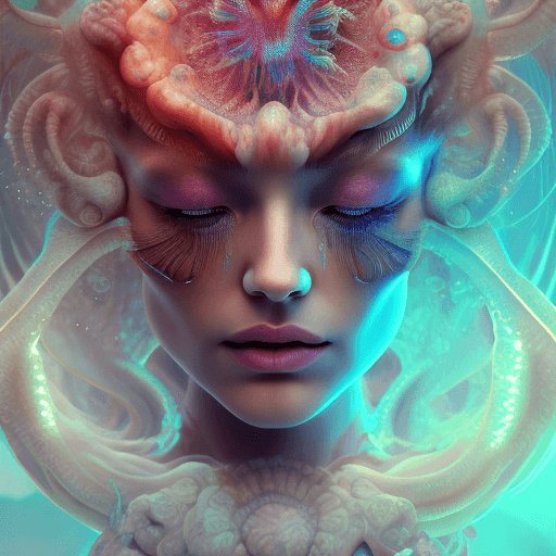 AI generated: Goddess close-up portrait ribcagel. jellyfish phoenix head, nautilus, orchid, skull, betta fish, bio...